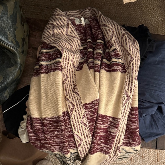 THE GREAT. Burgundy and Cream Knit Cardigan